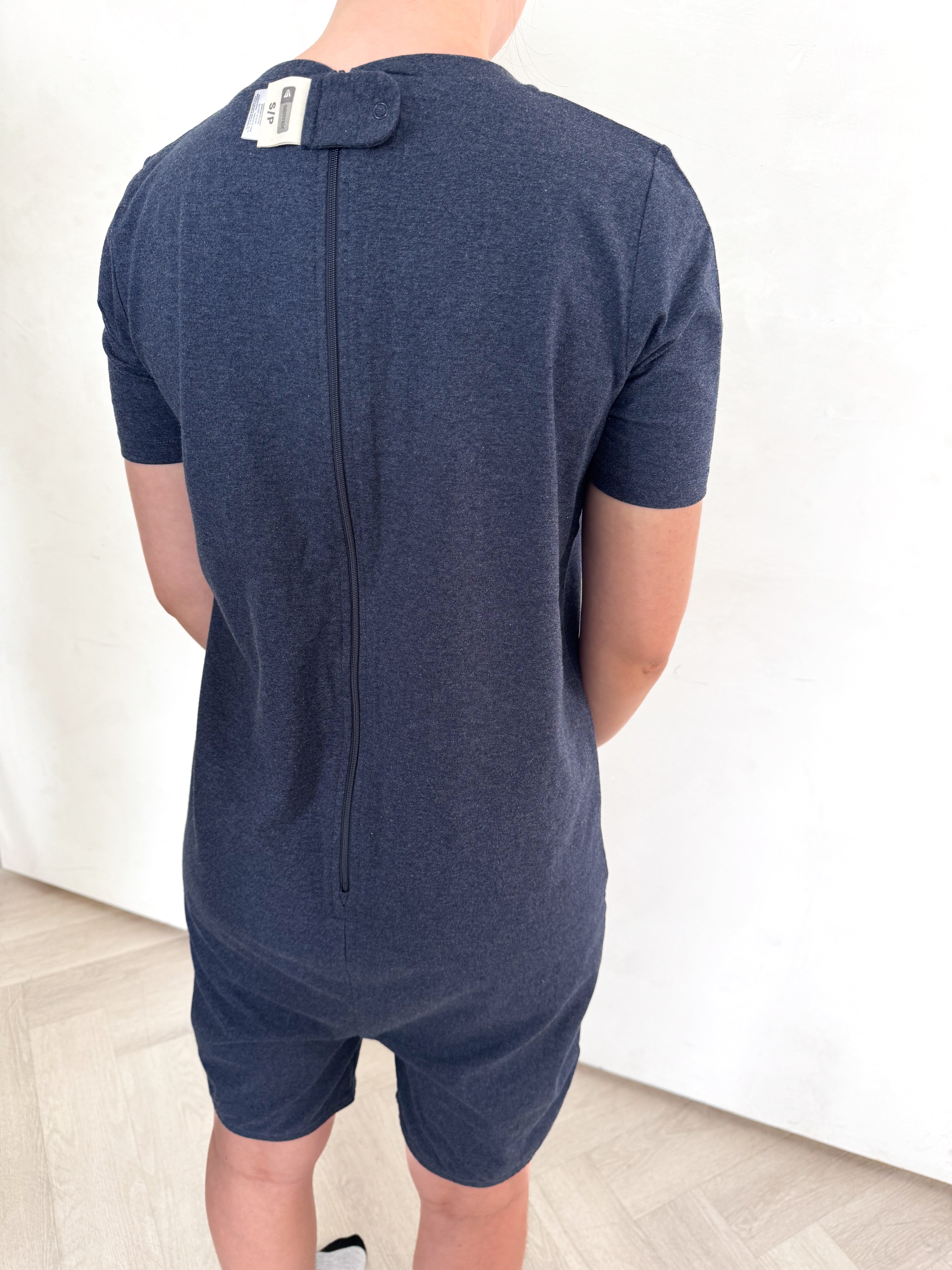 Adult Navy Adaptive Organic Cotton Lightweight, Anti-Strip Back-Zip Romper
