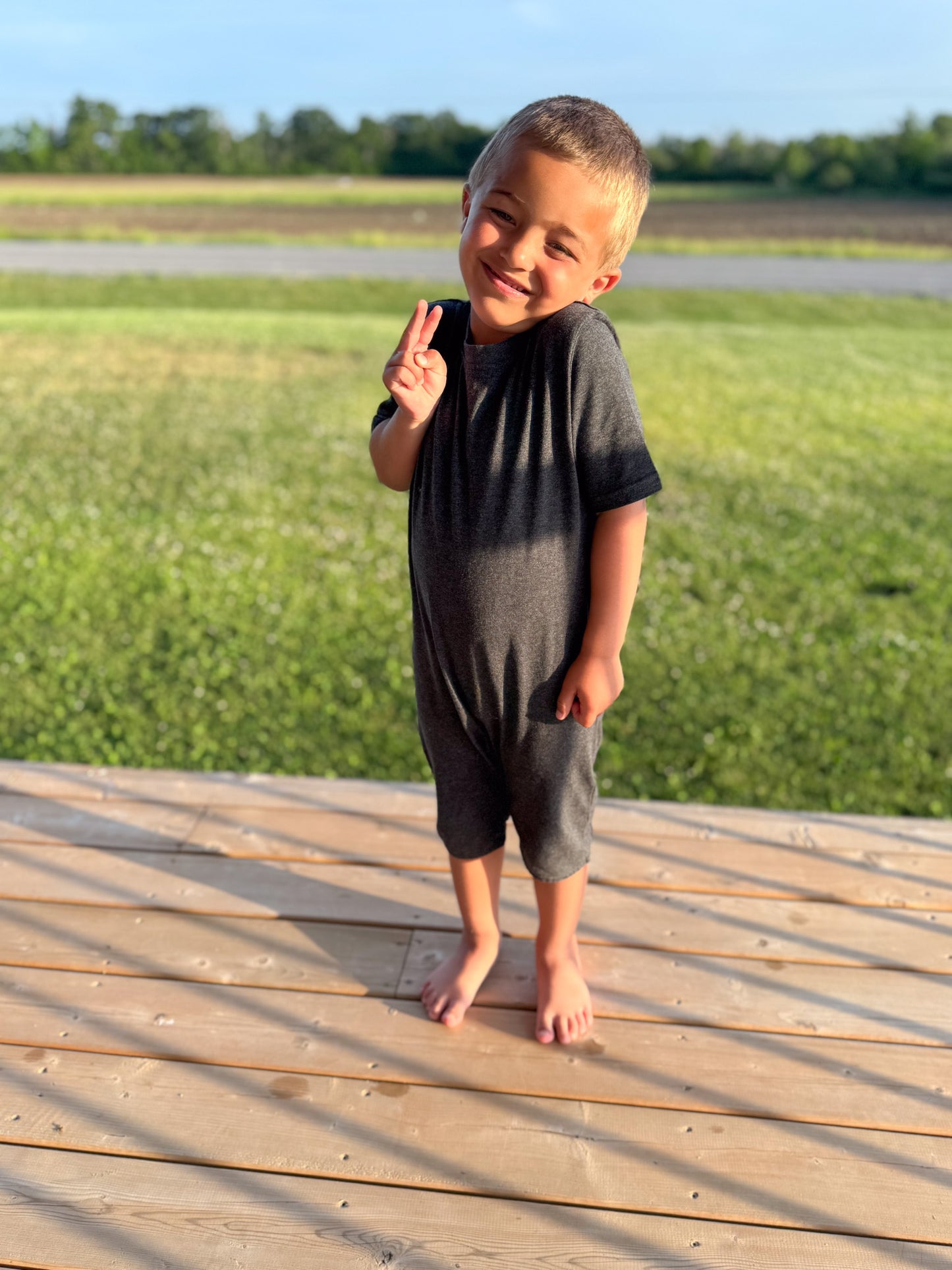 Kids Charcoal Grey Lightweight Organic Cotton Adaptive, Anti-Strip, Back-Zip Romper