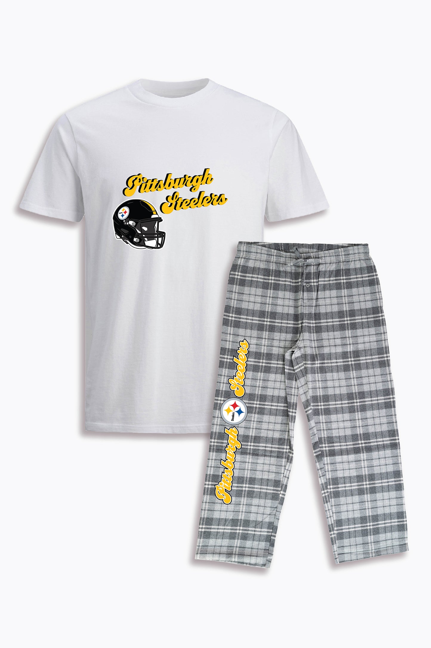 NFL Unisex Adult Pajama Set with Soft White Cotton T-Shirt & Light Grey Brushed Flannel Pants
