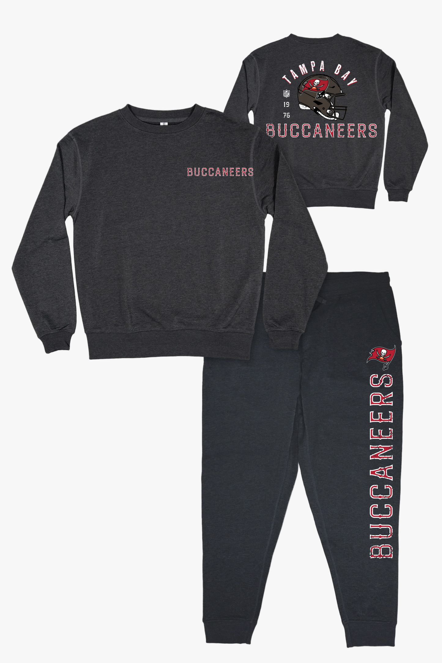 NFL Tampa Bay Buccaneers Unisex Adult Adult Dark Grey French Terry Lounge Set With Vintage Helmet Design