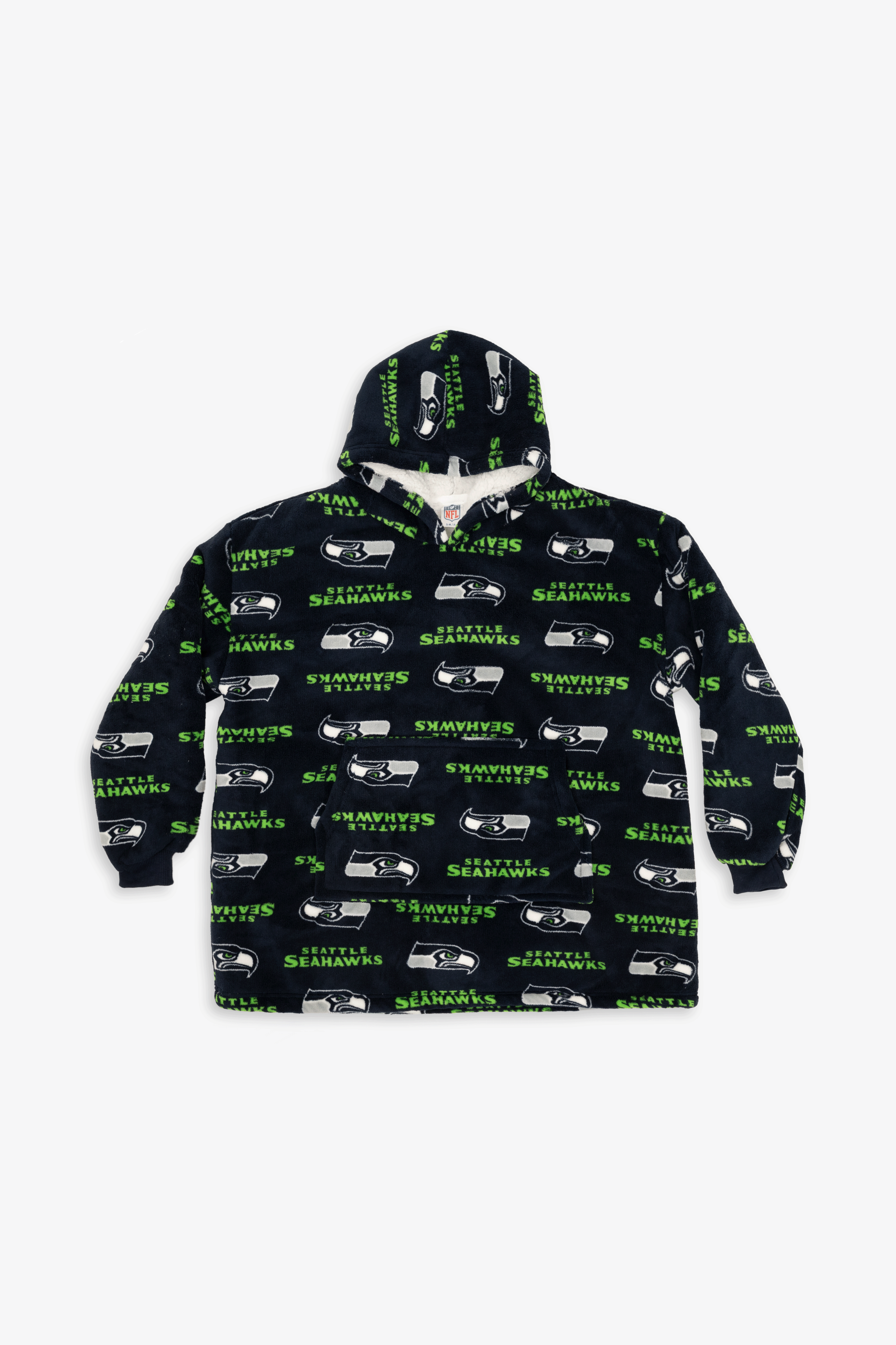 NFL Youth Seattle Seahawks Coral Fleece Blanket Hoodie, Oversized Kids Wearable Blanket, Sherpa Lined, S/M-M/L