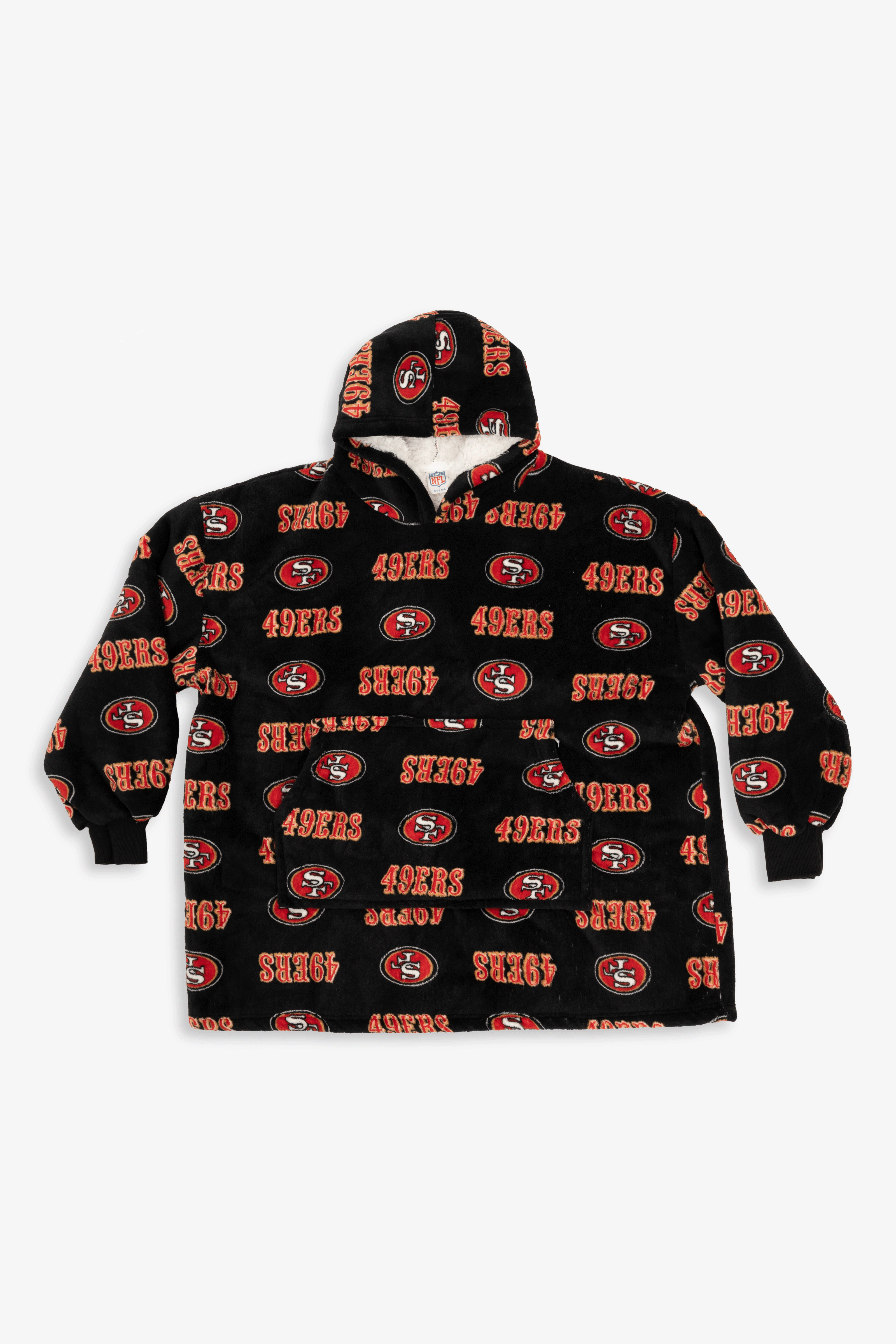 NFL Youth San Francisco 49ers Coral Fleece Blanket Hoodie, Oversized Kids Wearable Blanket, Sherpa Lined, S/M-L/XL