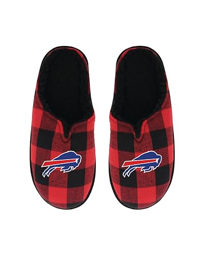 Gertex NFL Team Men's Open Back Red & Black Buffalo Plaid Lounge Slippers With Soft Faux Shearling Lining
