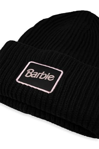 Barbie Ladies Oversized Cuff Beanie Featuring a Woven Patch with Marrow Edge | Pink & Black