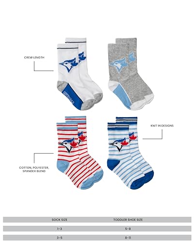 Gertex MLB Toronto Blue Jays Toddler 4-Pack Crew Socks, Four Different Designs in One