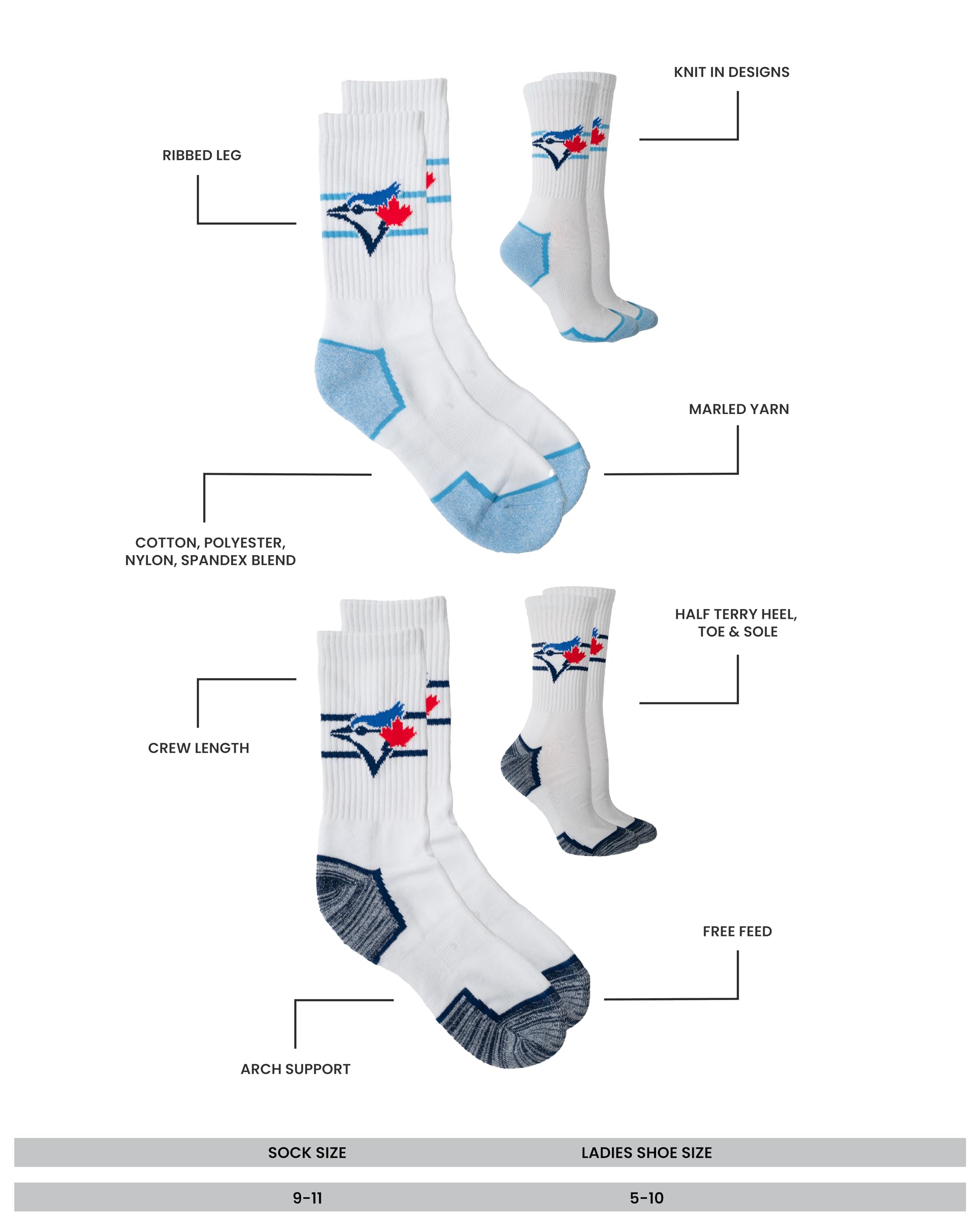 MLB Toronto Blue Jays Ladies 2-Pack Half Terry Cotton Crew Socks