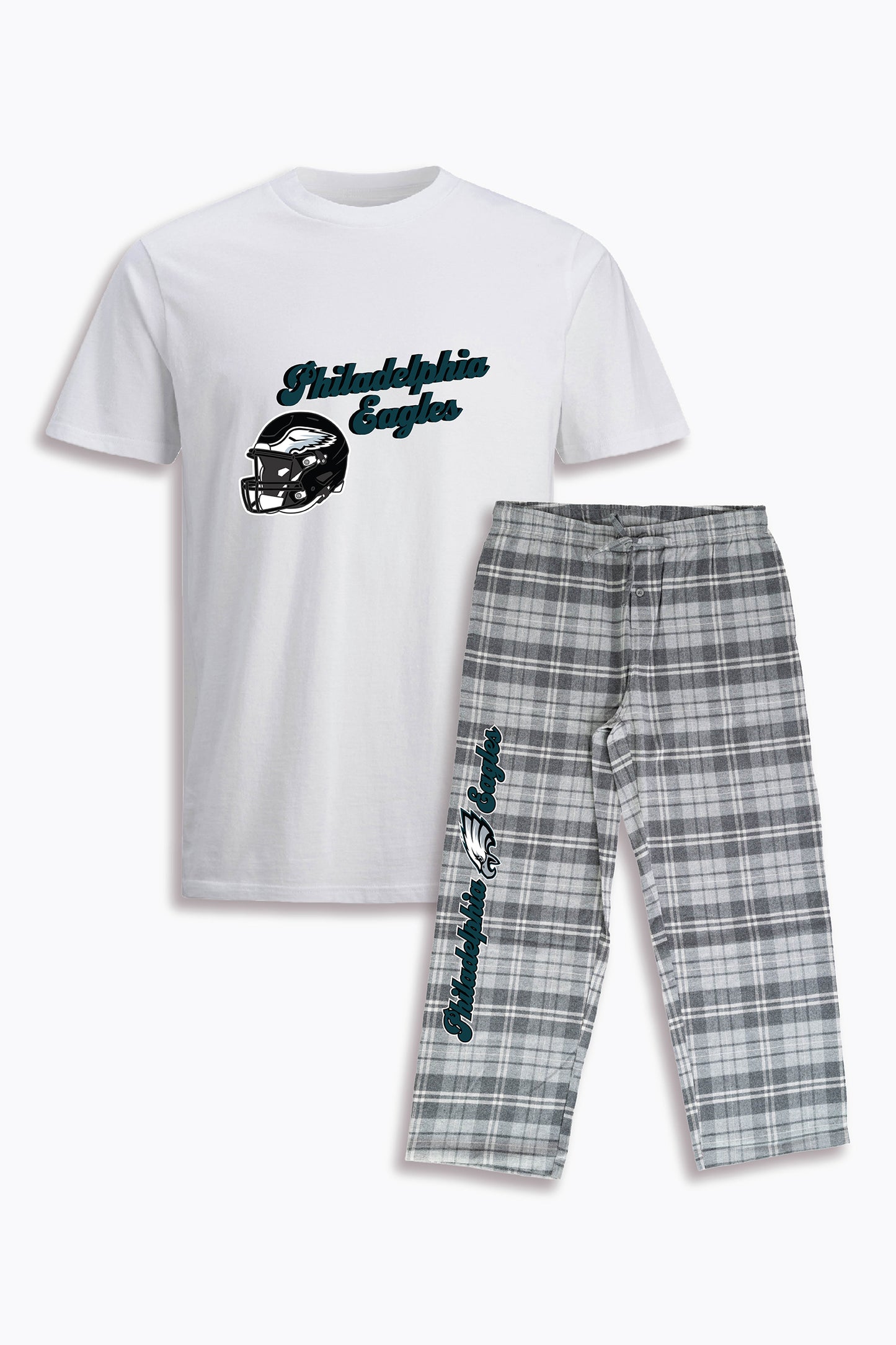NFL Unisex Adult Pajama Set with Soft White Cotton T-Shirt & Light Grey Brushed Flannel Pants
