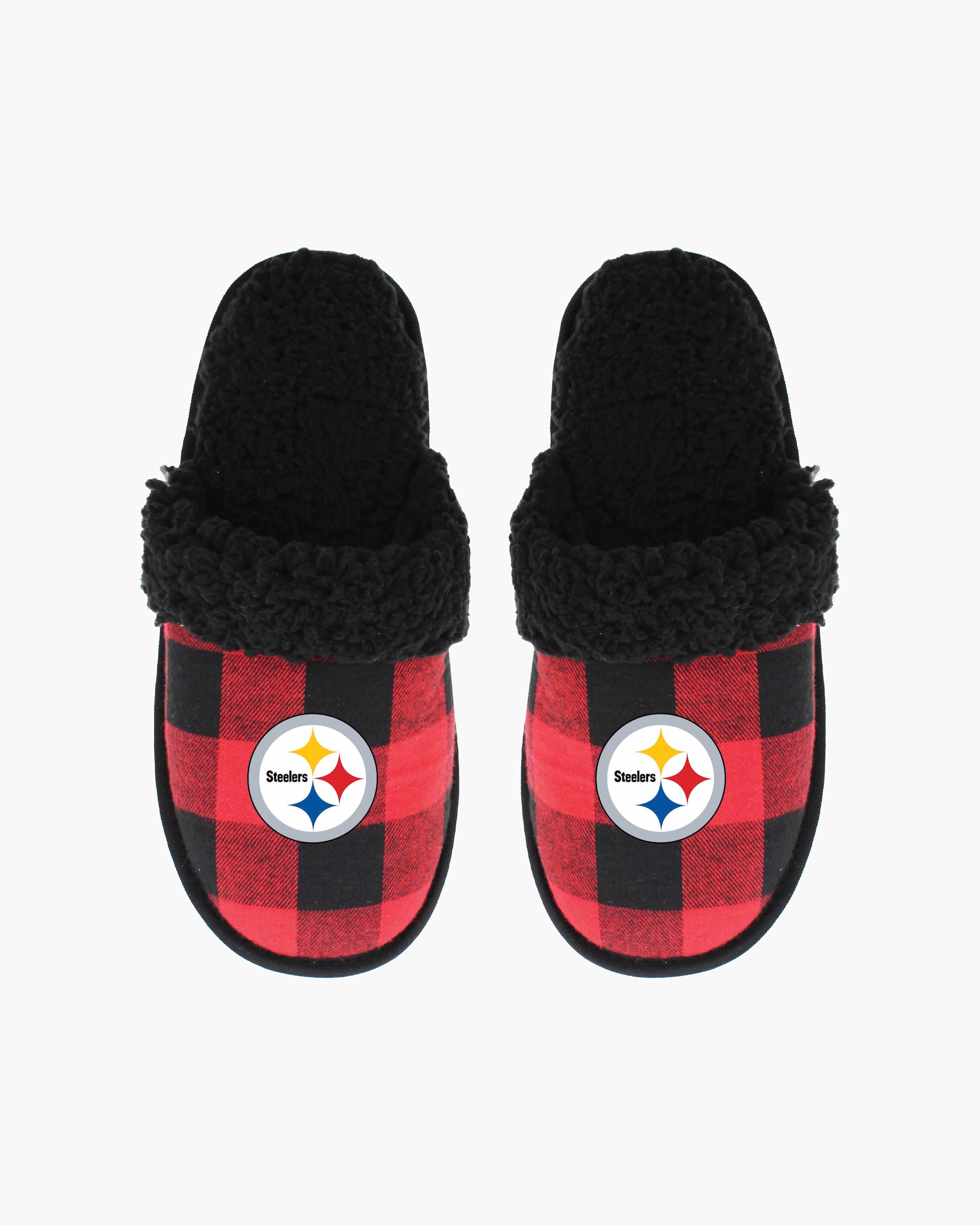 Gertex NFL Team Women's Open Back, Sherpa Lined, Red & Black Buffalo Plaid Lounge Slippers