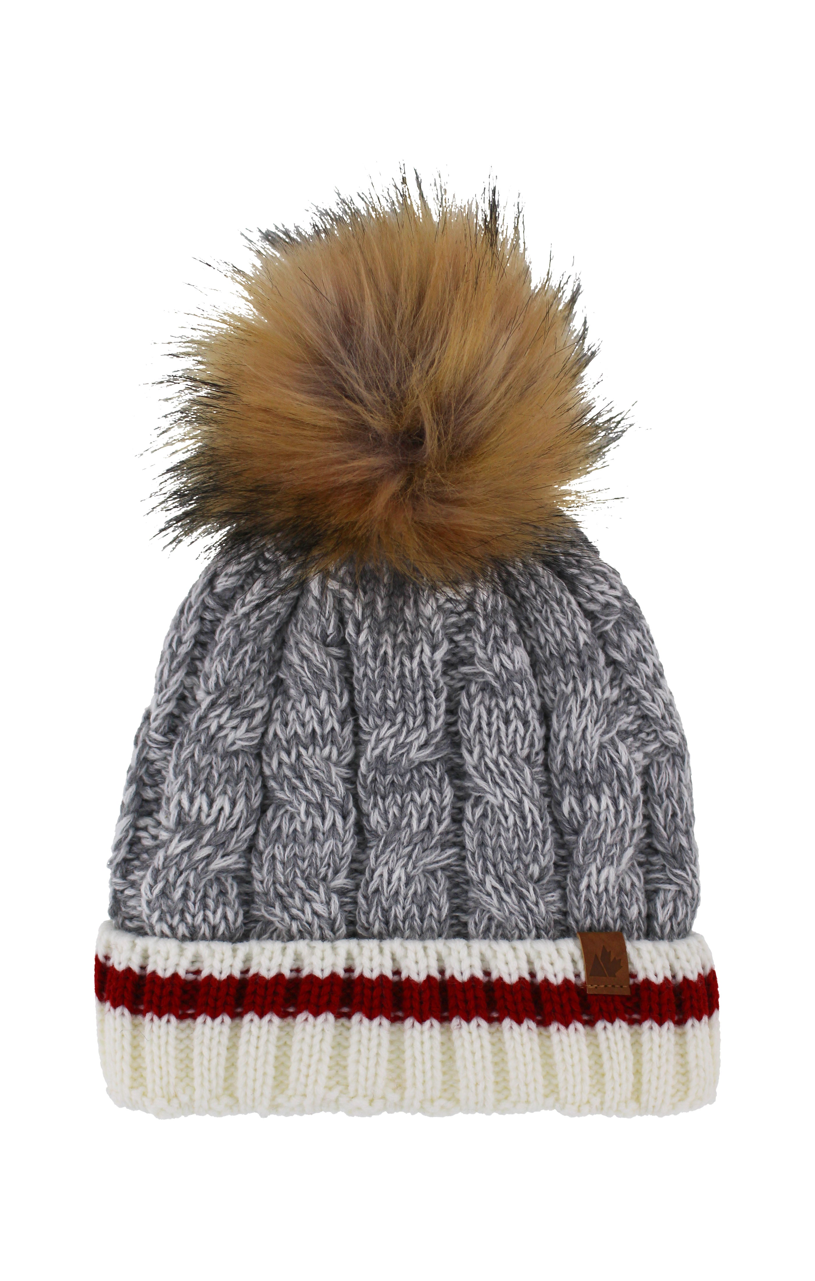 Ladies Cable Knit Hat With Faux Fur Pom